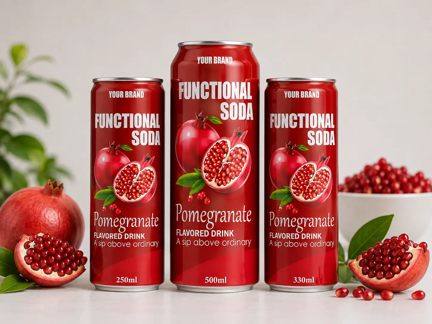 FUNCTIONAL SODA Pomegranate Flavored Drink in 250ml, 330ml, and 500ml cans with fresh pomegranates around the display.